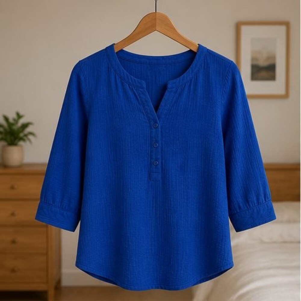 Cobalt Henley Notch Neck Blouse